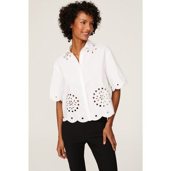 Jason Wu Button-Up Scalloped Eyelet Top Short Sleeves White Size 6 Petite - Picture 1 of 13